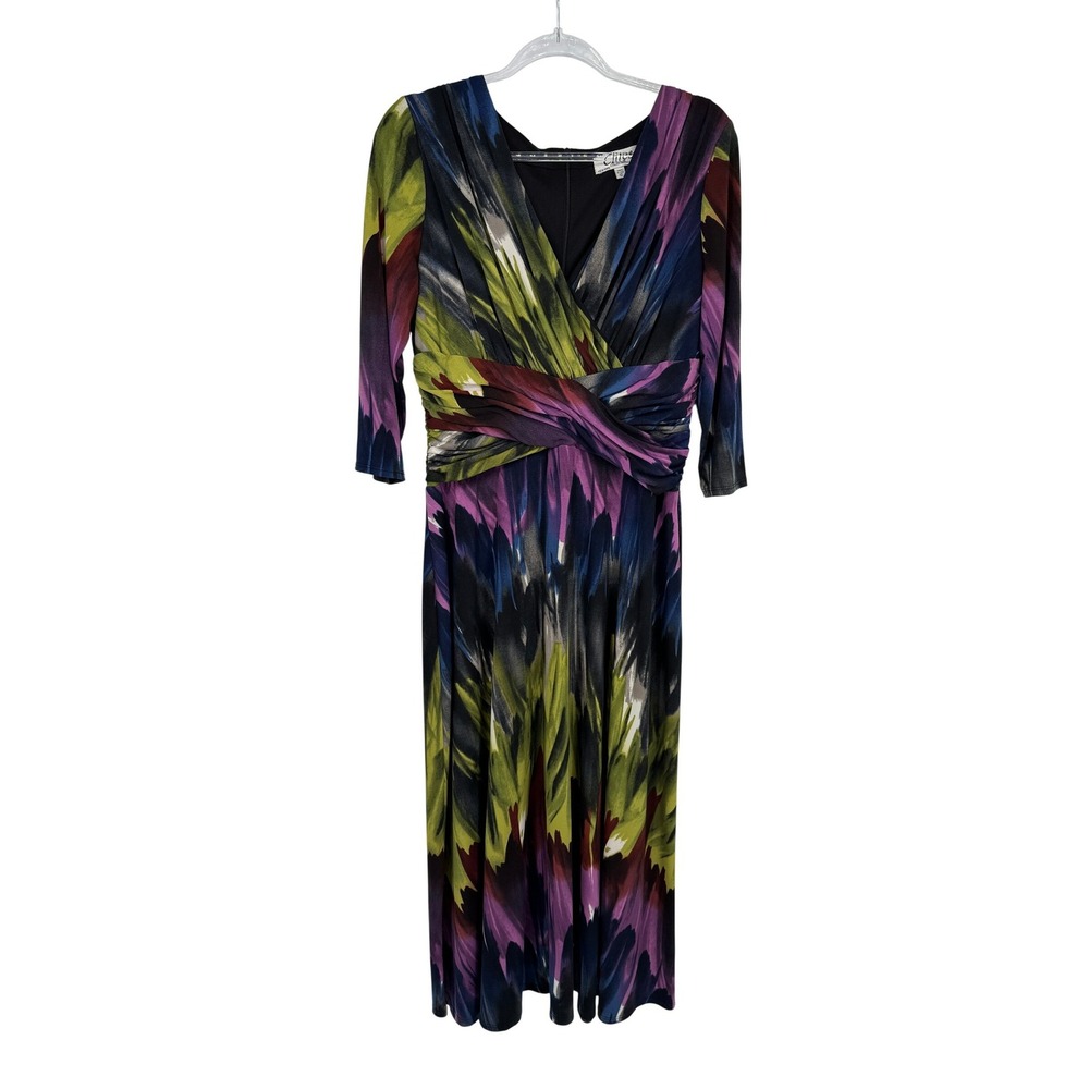 Vintage Clues Collections Dress Women 12 Multi Color Abstract Print Ruched Waist